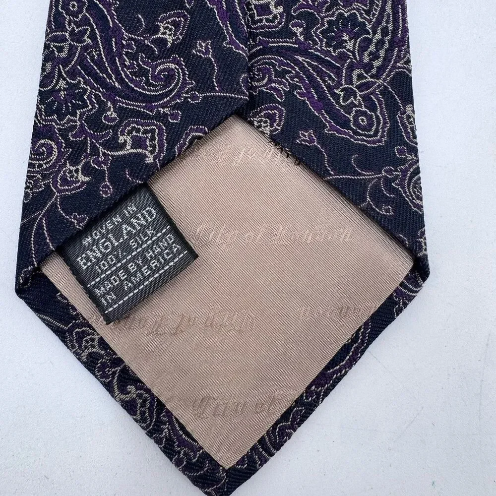 Ferrell Reed Tie All Silk Black Paisley In Cream & Violet VTG Fast Shipping